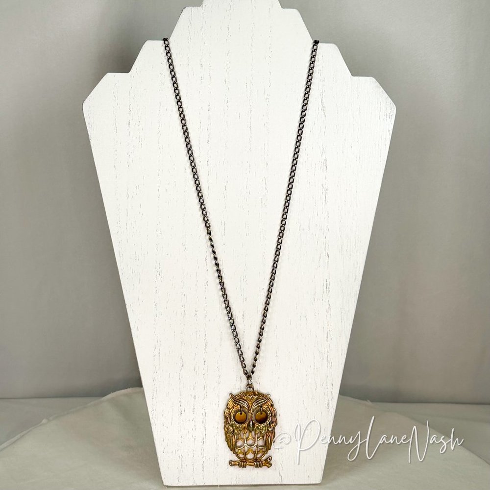 Vintage Golden Owl w/ Wiggle Eyes Pendant Necklace